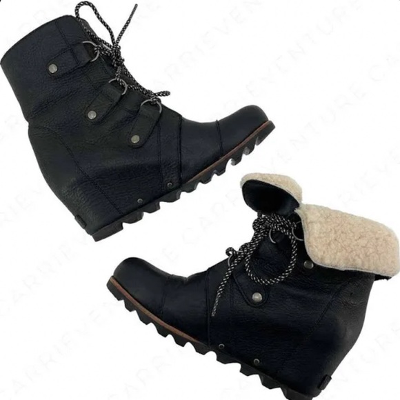 Sorel Black Joan of Arctic Wedge Real Shearling Trim Leather Mid Style Boots sz8 - Picture 2 of 6